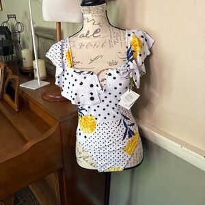 White and Black Ruffled Fitted Bodysuit Swimwear NWT 138.00